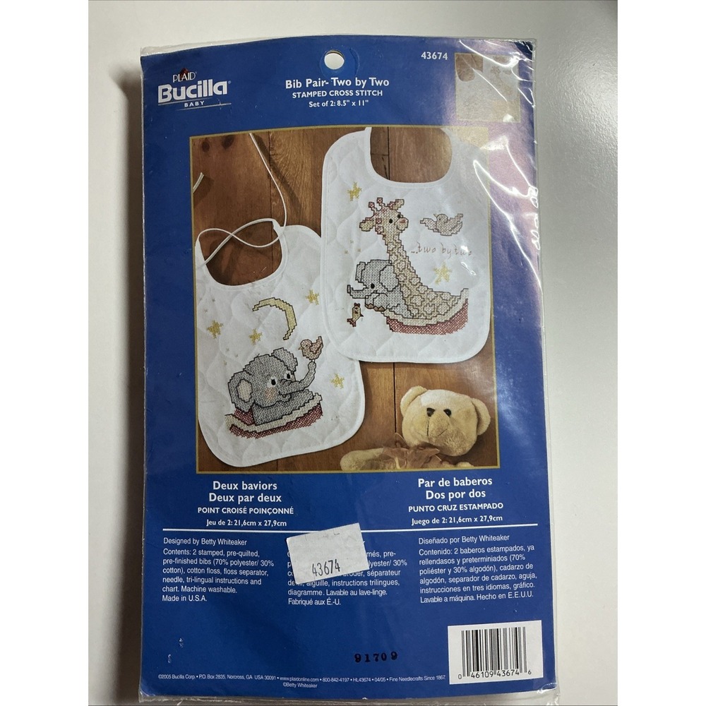 2005 Plaid Bucilla Baby Bib Pair TWO BY TWO Stamped Cross Stitch Set Of 2 NIP